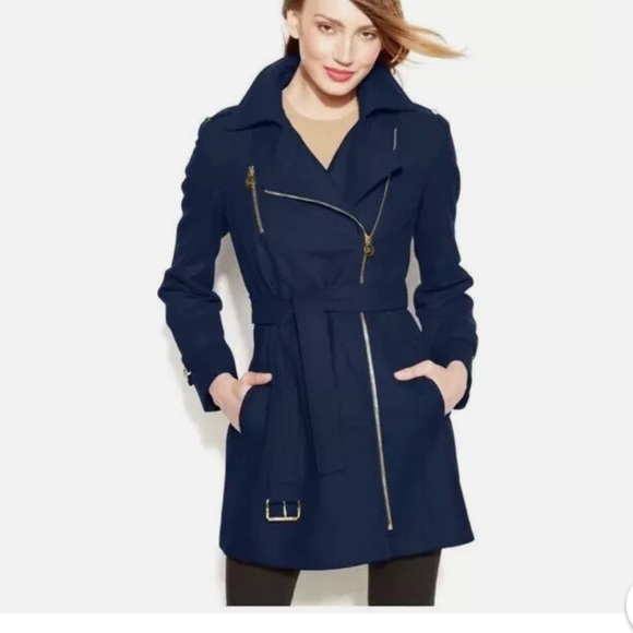 MICHAEL Michael Kors Jackets & Blazers - MICHAEL Michael Kors Navy Blue Asymmetrical Trench Coat with Belt   size 8